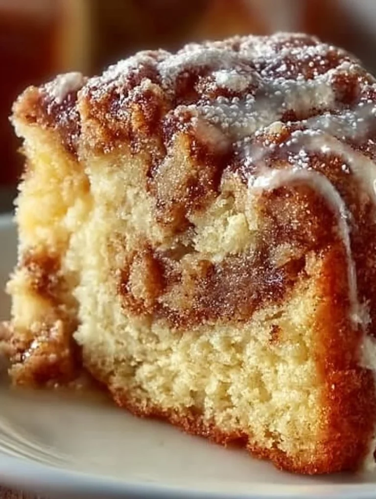 Delicious cinnamon roll cake drizzled with icing and topped with cinnamon sugar