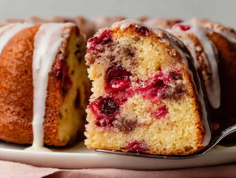 Delicious Cranberry Orange Bundt Cake with icing on a decorative plate