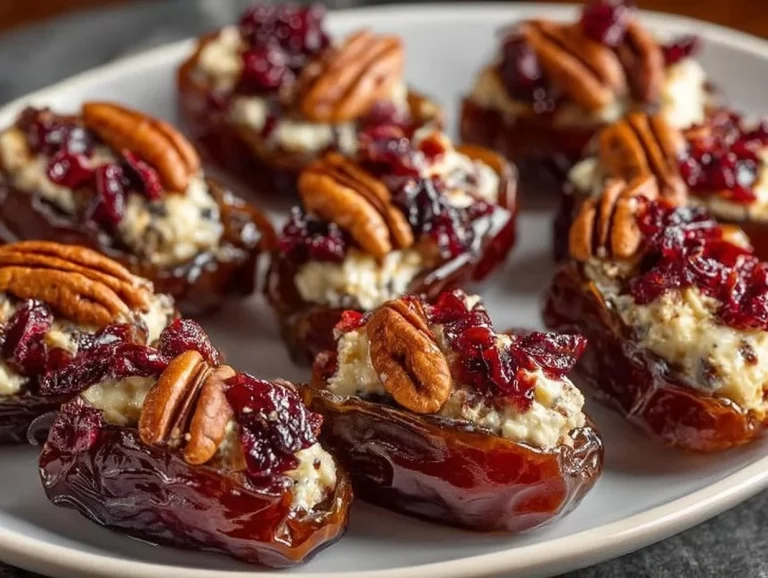 Cranberry pecan cream cheese stuffed dates on a wooden plate.