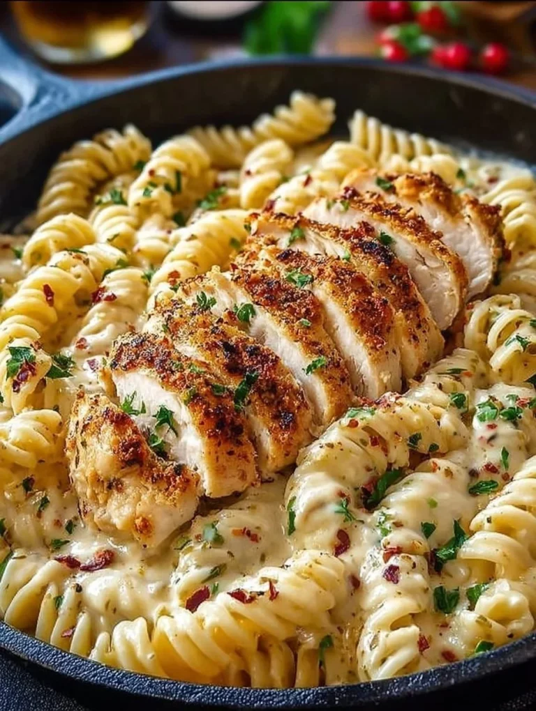 Creamy chicken pasta dish with herbs and parmesan cheese