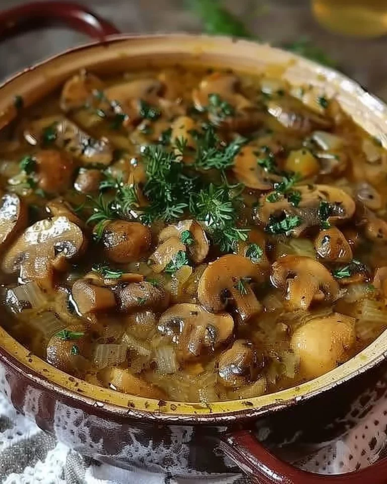 Bowl of creamy mushroom soup garnished with herbs