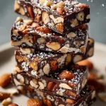 Dark Chocolate and Sea Salt Nut Bars stacked on a wooden table
