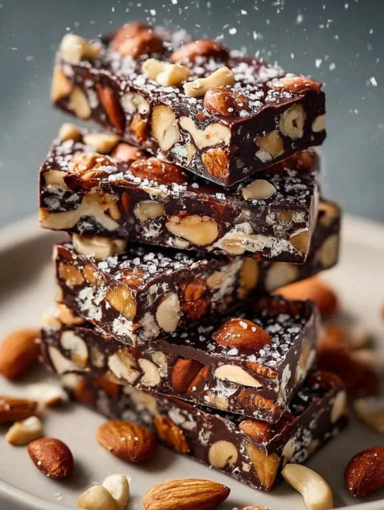 Dark Chocolate and Sea Salt Nut Bars stacked on a wooden table