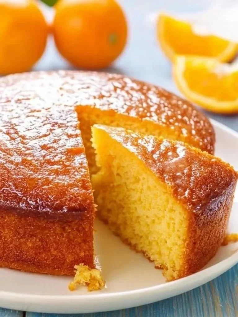 Delicate orange cake topped with orange slices and icing, perfect for dessert.