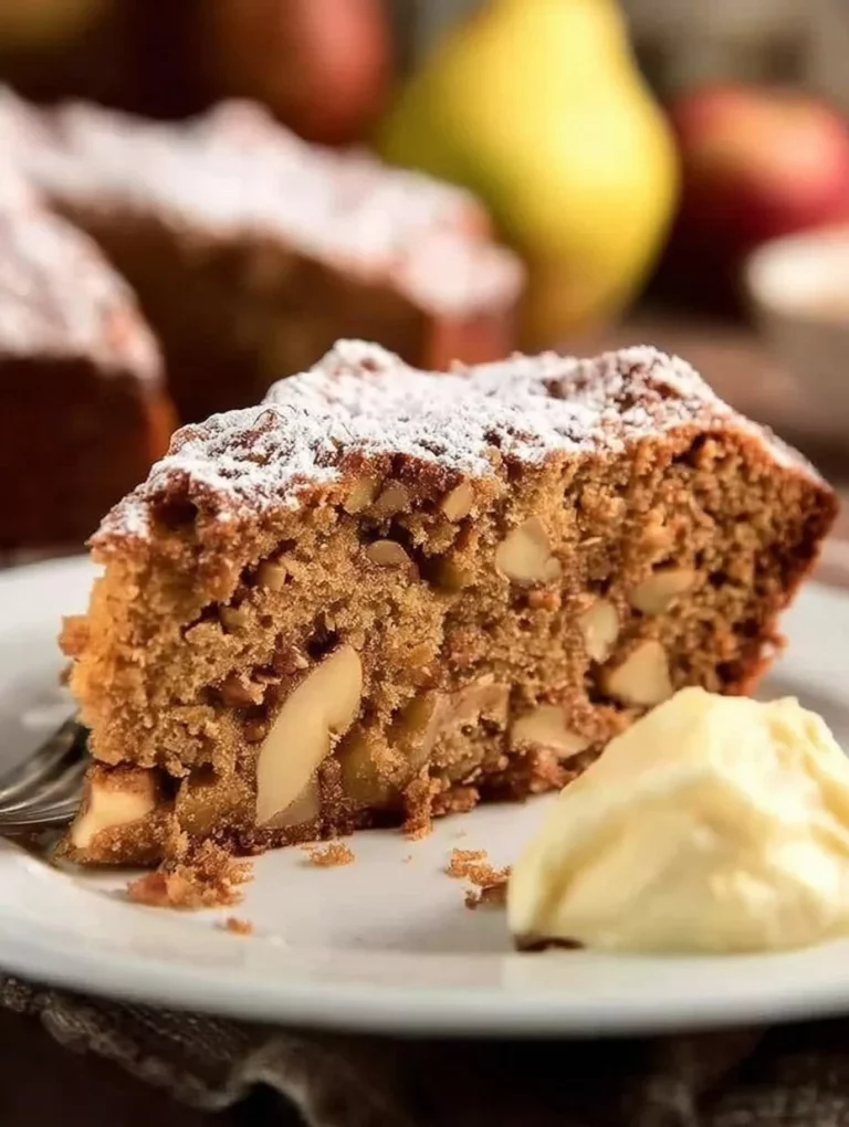 Slice of moist apple cake topped with fresh apples and cinnamon
