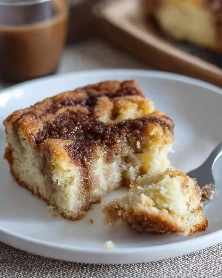 Easy almond flour coffee cake served on a plate, garnished with powdered sugar