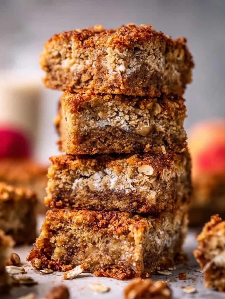 Slice of easy oatmeal apple cake with apples and oats on a rustic wooden table