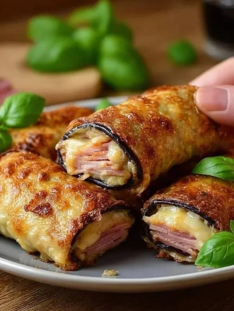 Delicious eggplant rolls stuffed with ham and cheese, ready to serve.