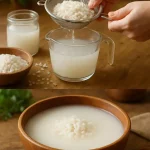 A jar of fermented rice water used for hair care and skin benefits