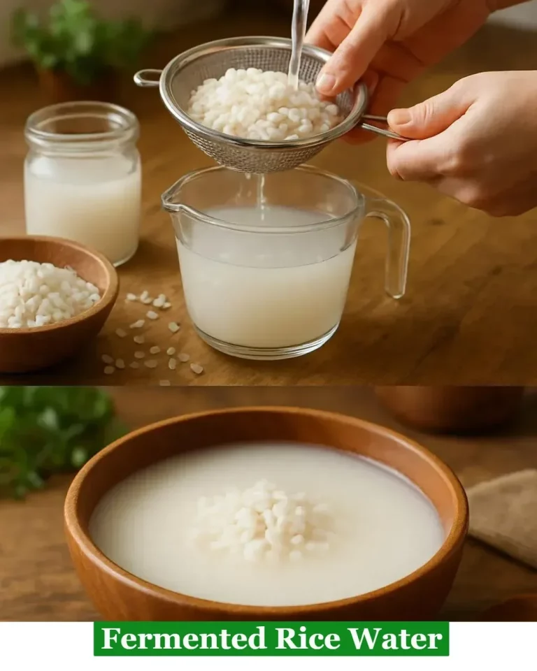 A jar of fermented rice water used for hair care and skin benefits