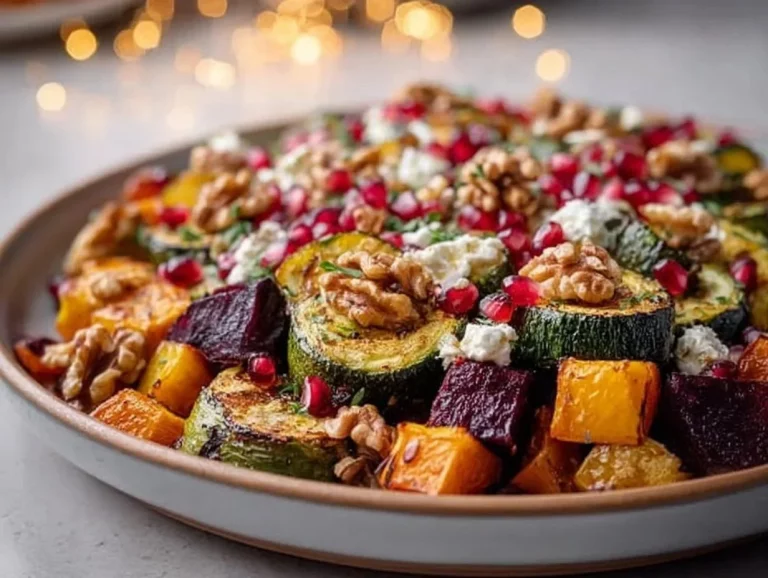 Colorful festive roasted veggie salad with seasonal vegetables in a bowl