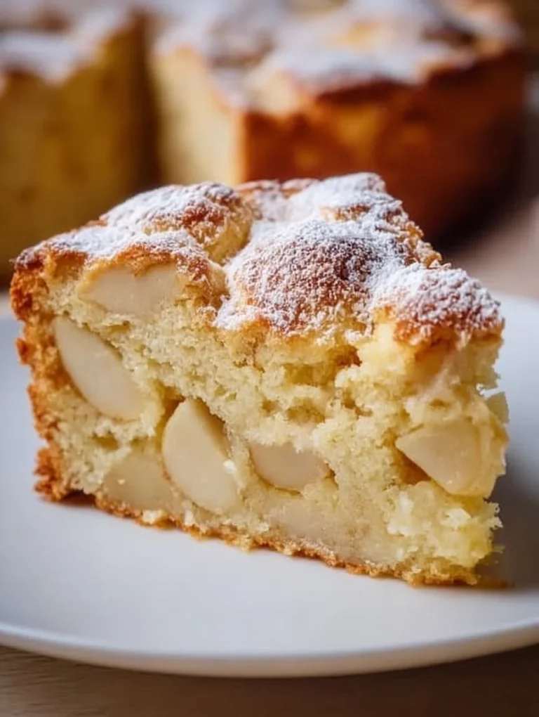 Delicious slice of French Apple Cake topped with apples and a sprinkle of cinnamon