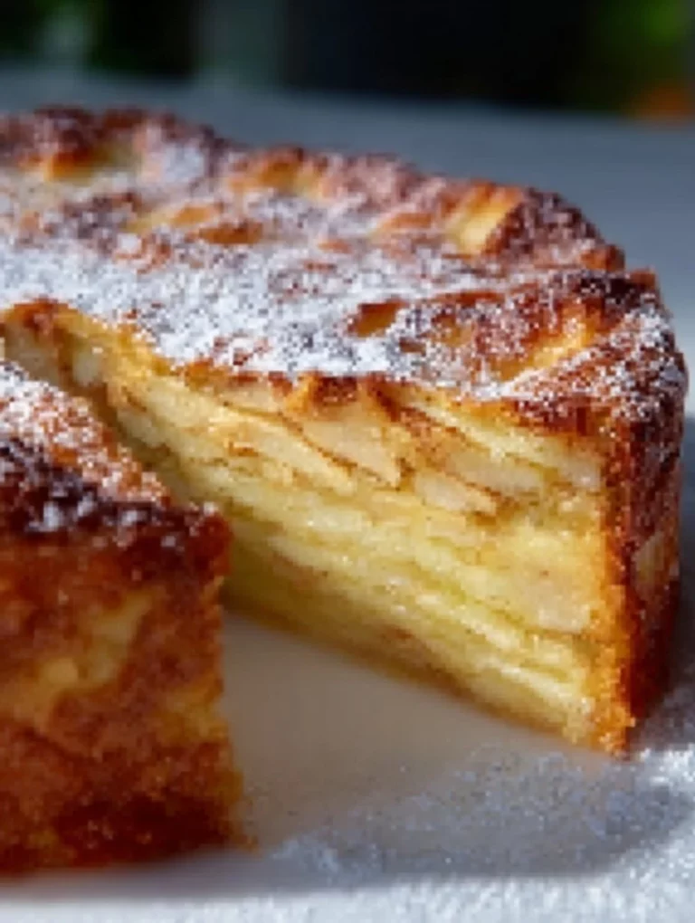 Delicious slice of French Apple Cake topped with powdered sugar