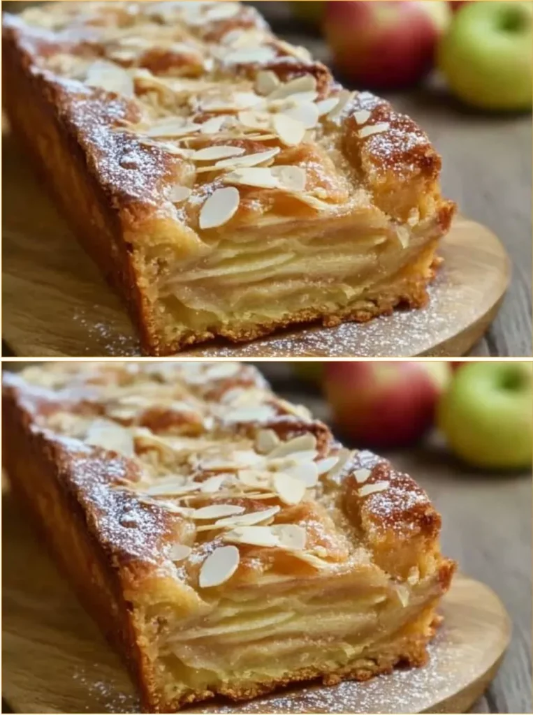 Slice of invisible apple cake highlighting soft apples in a rich batter