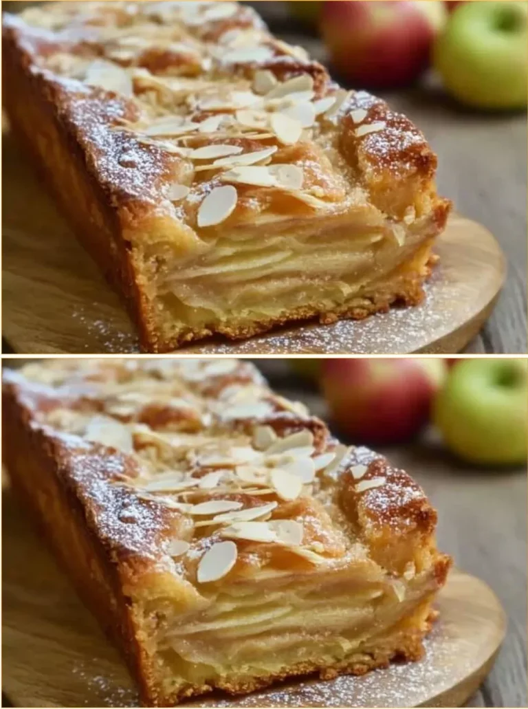 Slice of invisible apple cake highlighting soft apples in a rich batter