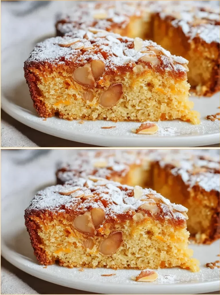 Gluten-free flourless orange almond cake topped with orange slices.