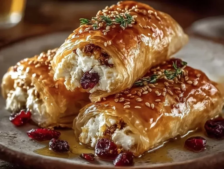 Golden baked feta rolls drizzled with sweet cranberry honey