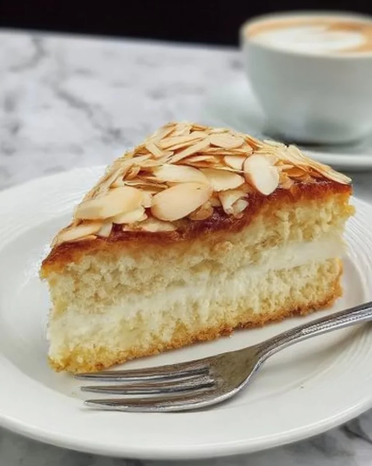 Slice of Grandma's German Bee Sting Cake with honey and almonds on a plate