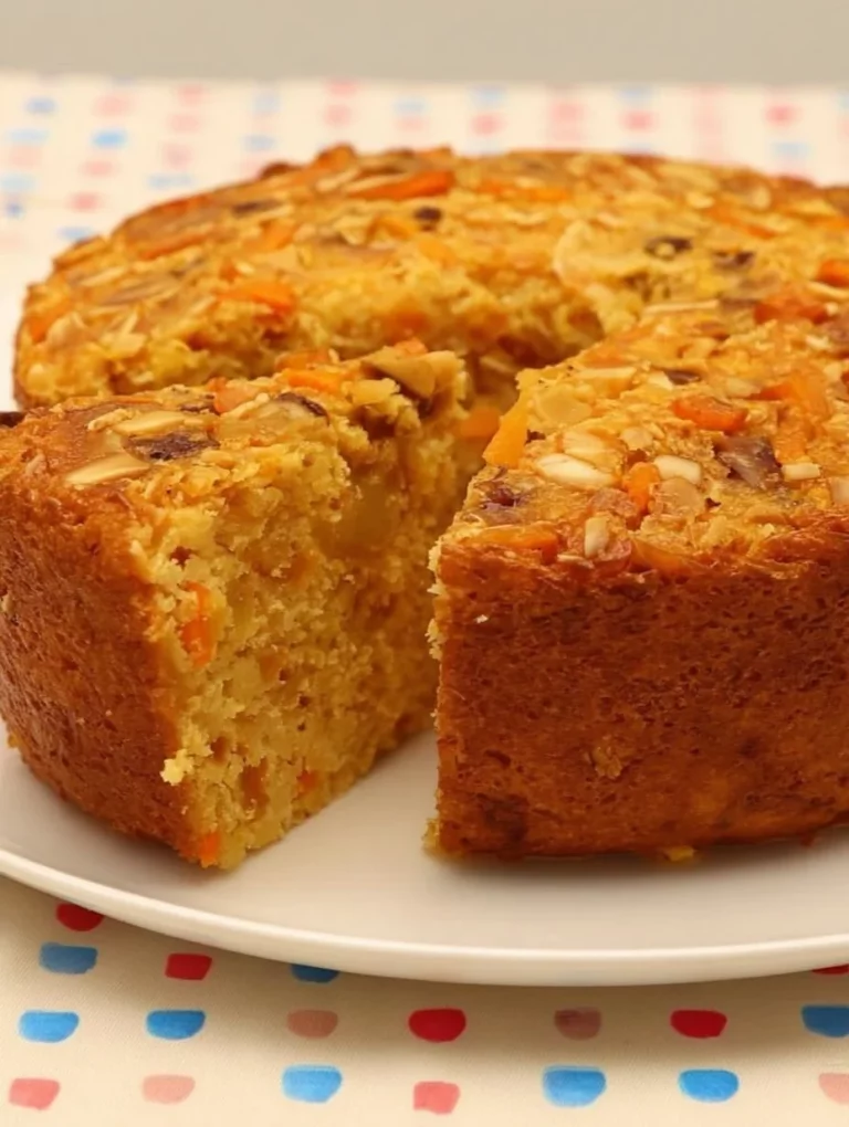 Delicious Healthy Apple Carrot Oatmeal Cake topped with nuts and fruits.