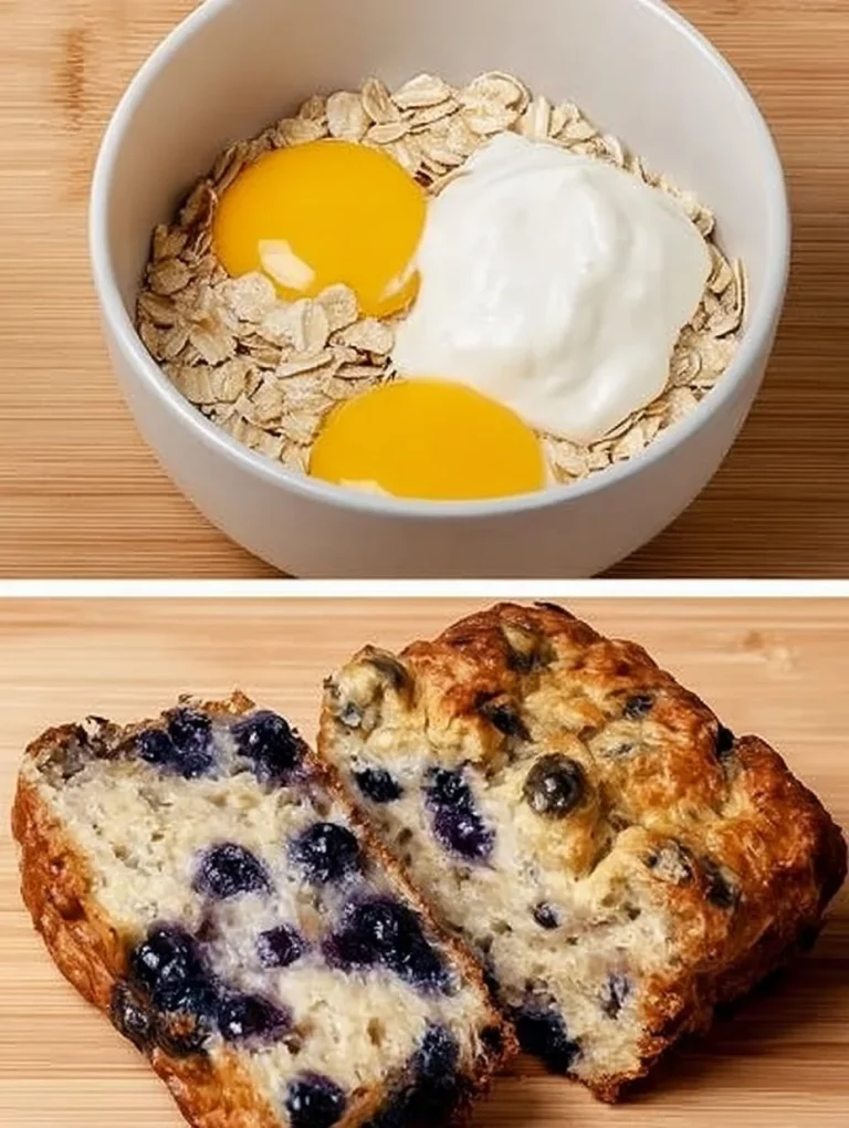 Healthy blueberry apple oatmeal cake topped with fresh blueberries and cinnamon.