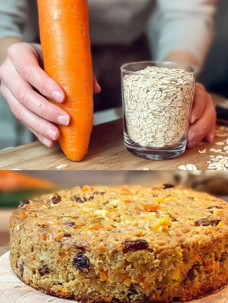 Delicious healthy oat cake topped with fruits and nuts on a wooden table