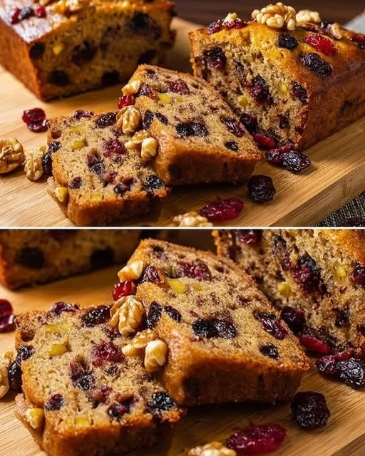 Healthy oatmeal fruit cake topped with fresh fruits and nuts.