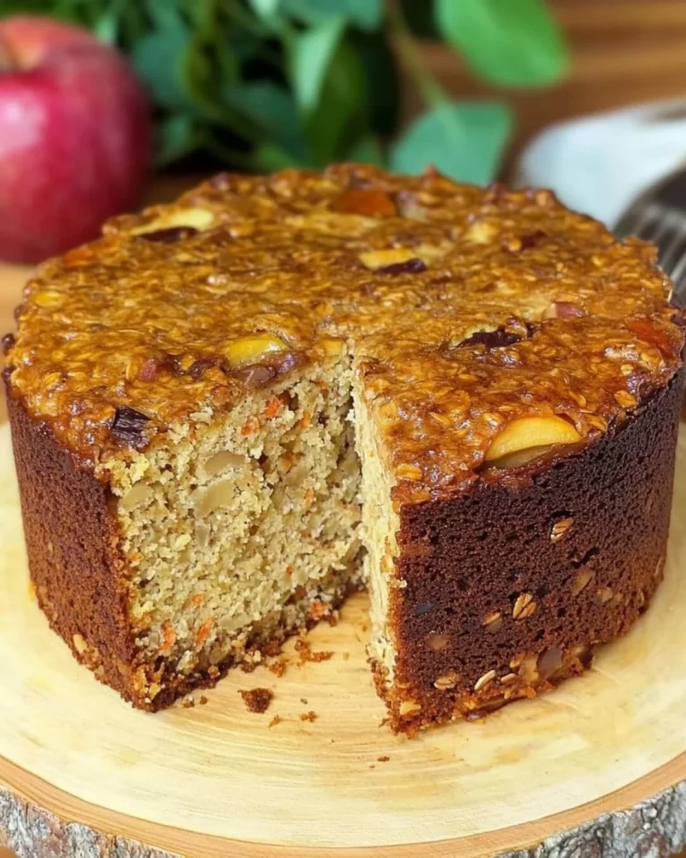 Healthy sugar-free oatmeal apple carrot cake topped with fresh apple slices