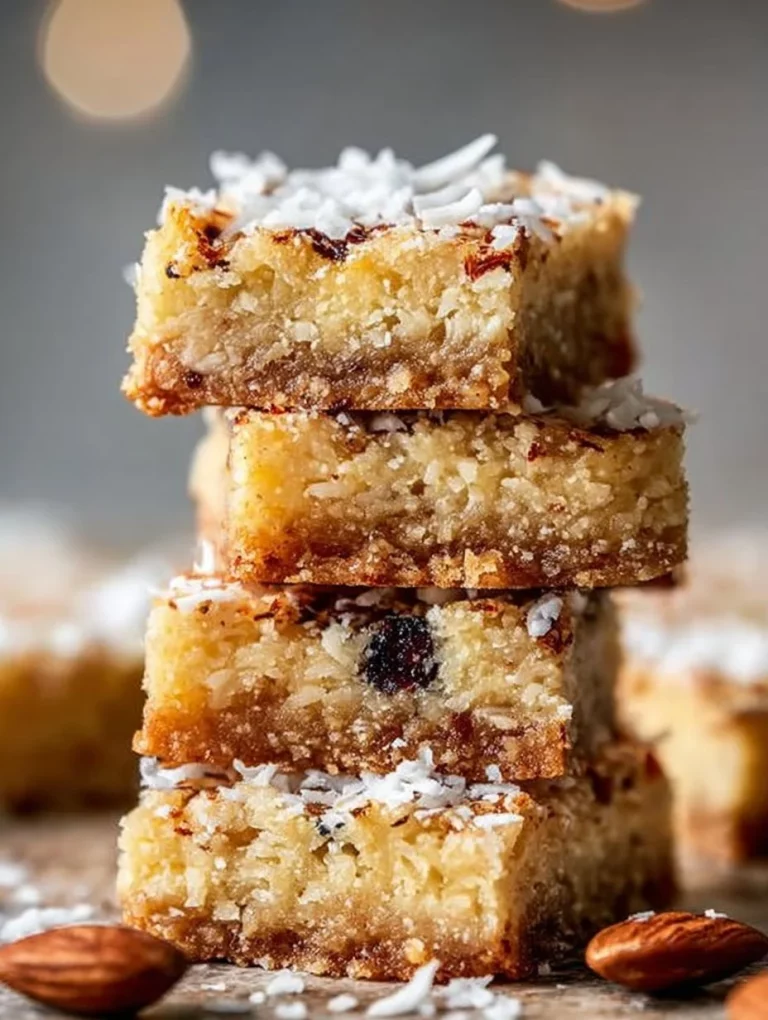 Delicious homemade chewy coconut bars stacked on a plate