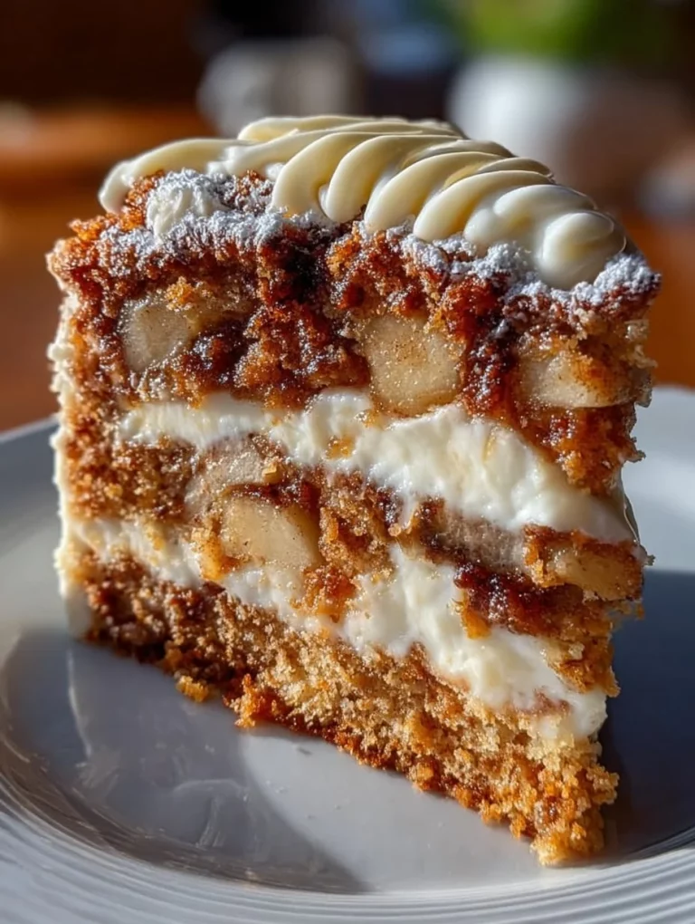 Delicious fresh apple cake with cream cheese frosting on a plate