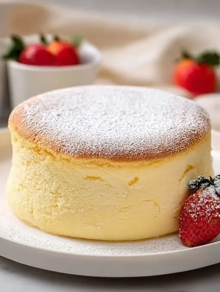 Fluffy and light Japanese Cotton Cheesecake slice on a plate with fresh raspberries.