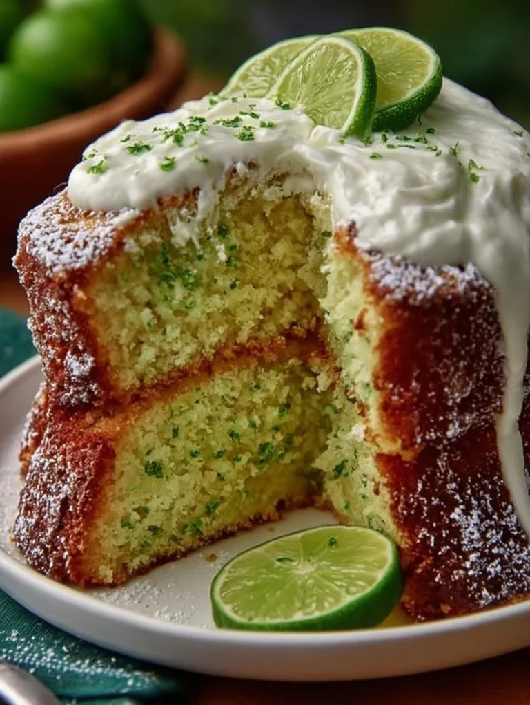 Delicious Key Lime Cake with a zesty lime frosting and fresh key limes on top.