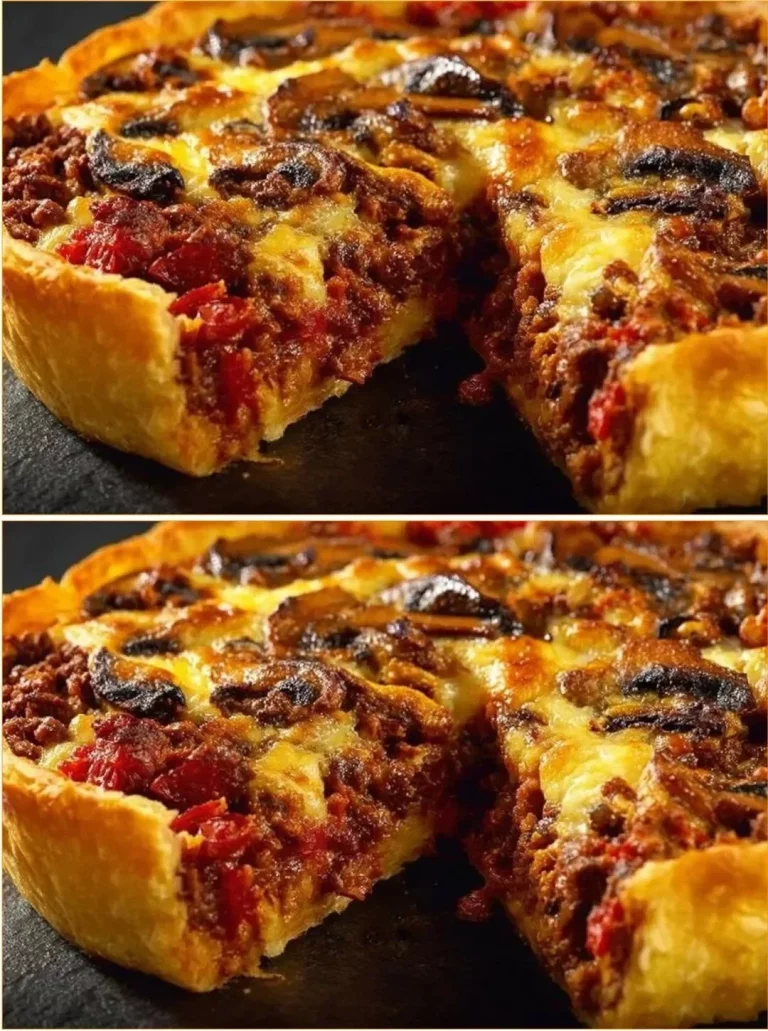 Loaded baked potatoes topped with minced meat and mushrooms, a hearty dish.