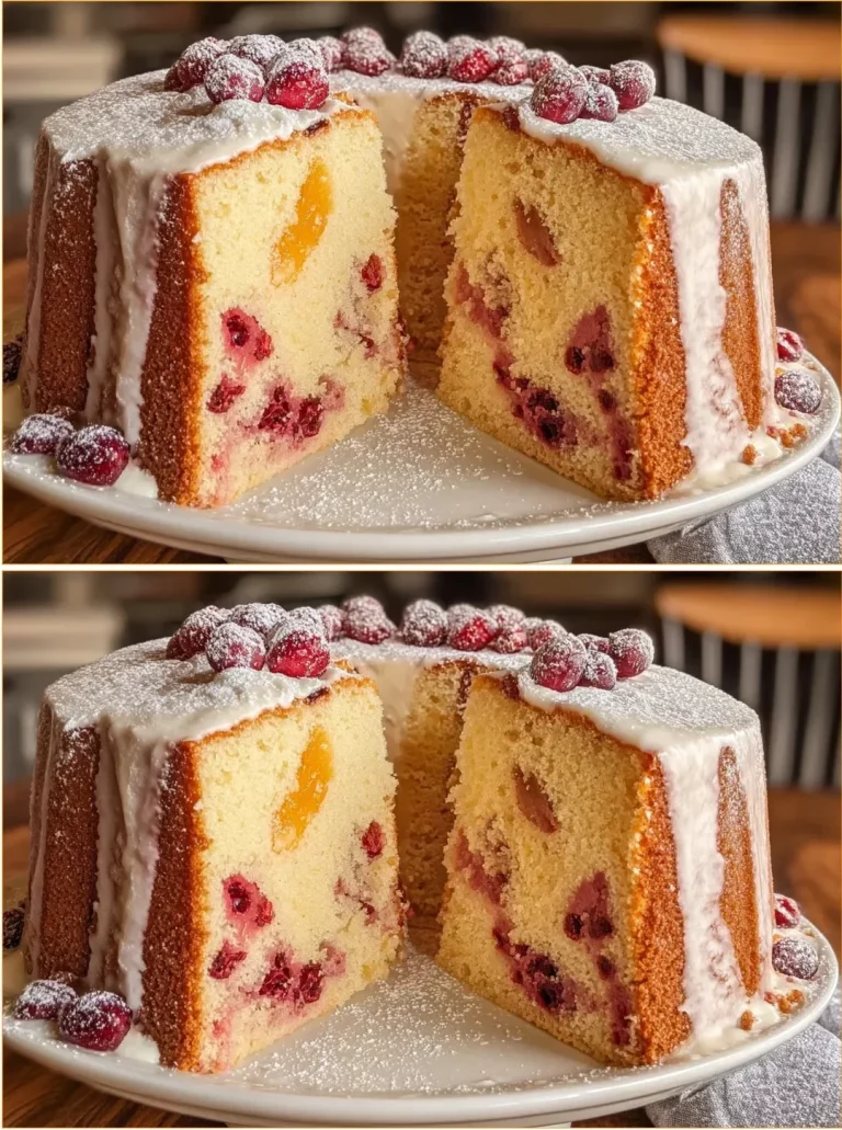 Mile High Orange Cranberry Pound Cake with bright orange glaze and cranberries