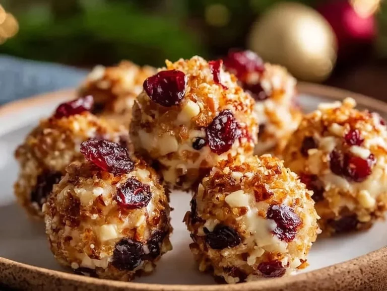 Mini Pineapple Cranberry Cheese Balls rolled in pecans, a colorful appetizer.