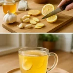 A steaming cup of Morning Immune Tea with herbs and spices for immune support.