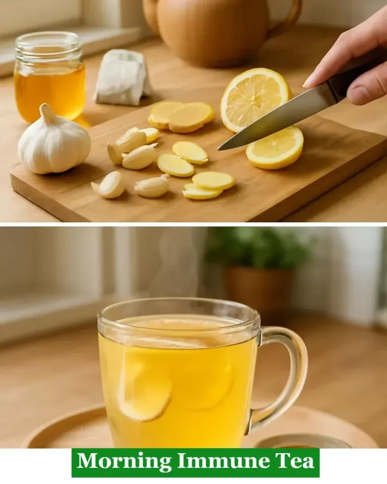 A steaming cup of Morning Immune Tea with herbs and spices for immune support.