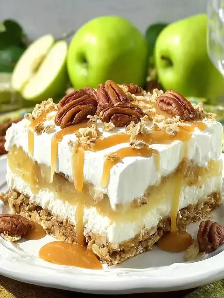 No bake oatmeal apple pie lasagna topped with creamy layers and apple slices