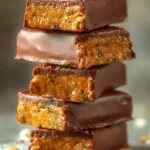 No bake peanut butter protein bars topped with chocolate and nuts