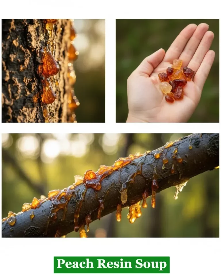 Bowl of peach resin soup garnished with fresh fruits and nuts