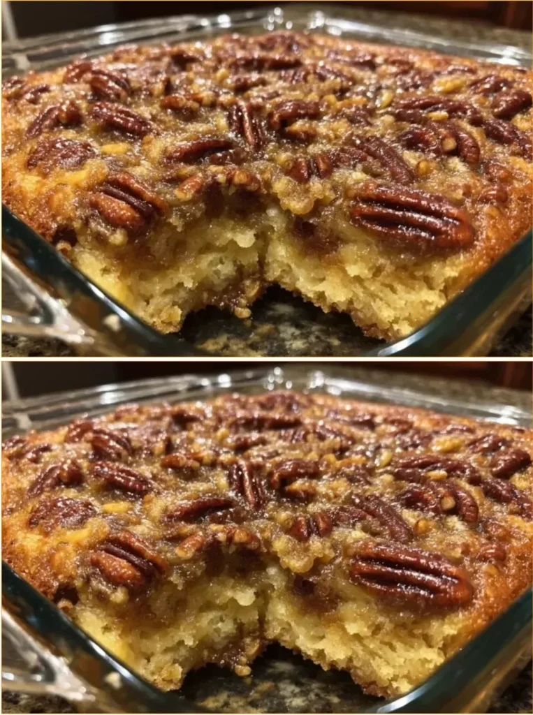 Delicious Pecan Pie Dump Cake topped with nuts and caramel sauce
