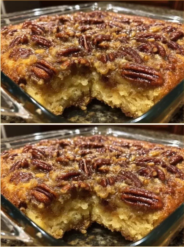 Delicious Pecan Pie Dump Cake topped with nuts and caramel sauce
