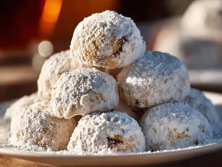 Pecan Snowball Cookies dusted with powdered sugar on a wooden plate