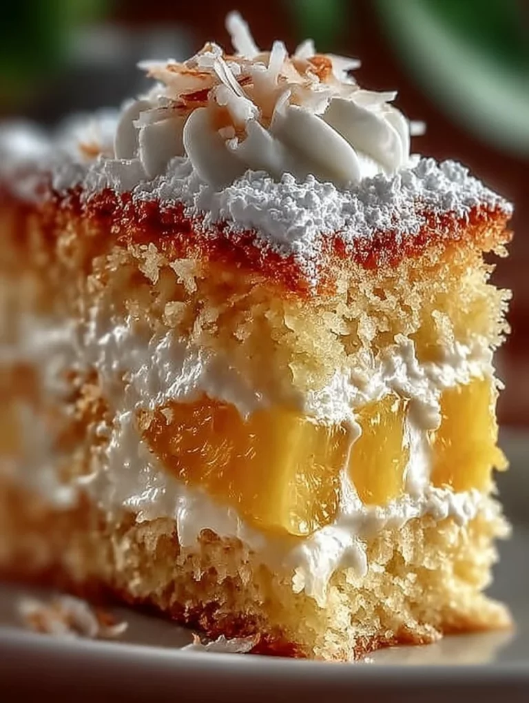 Delicious Pineapple Coconut Dream Cake with tropical garnishes and whipped cream