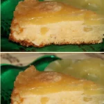 Slice of homemade Pineapple Upside Down Cake with caramelized pineapples
