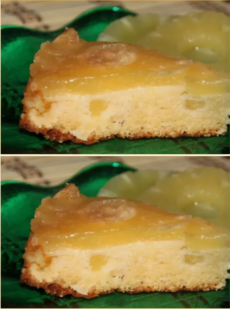 Slice of homemade Pineapple Upside Down Cake with caramelized pineapples