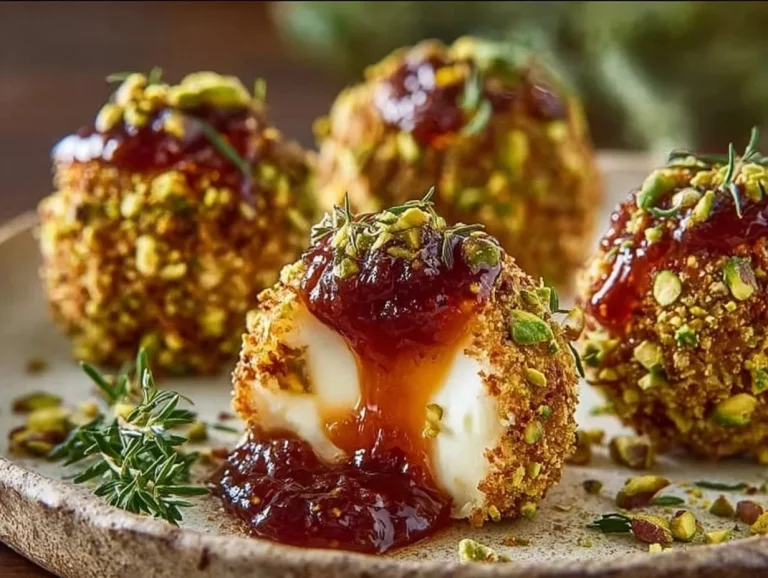 Pistachio-crusted brie bites drizzled with raspberry honey glaze on a serving platter.