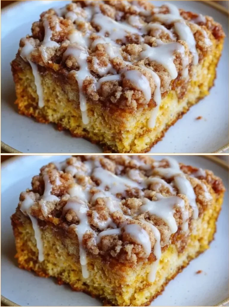 Delicious slice of pumpkin coffee cake topped with cream cheese frosting