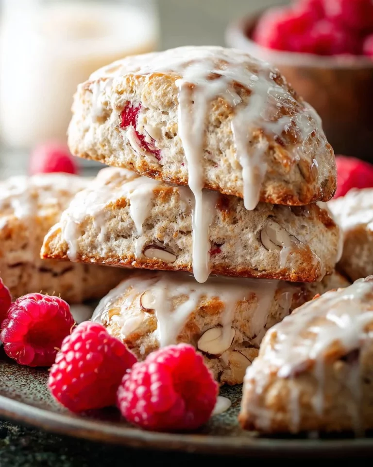 Freshly baked Raspberry Almond Scones on a wooden table