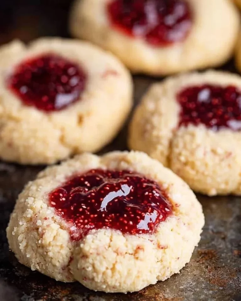 Freshly baked Raspberry Almond Thumbprint Cookies on a plate