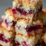 Delicious Raspberry Coconut Bars topped with coconut flakes and fresh raspberries.